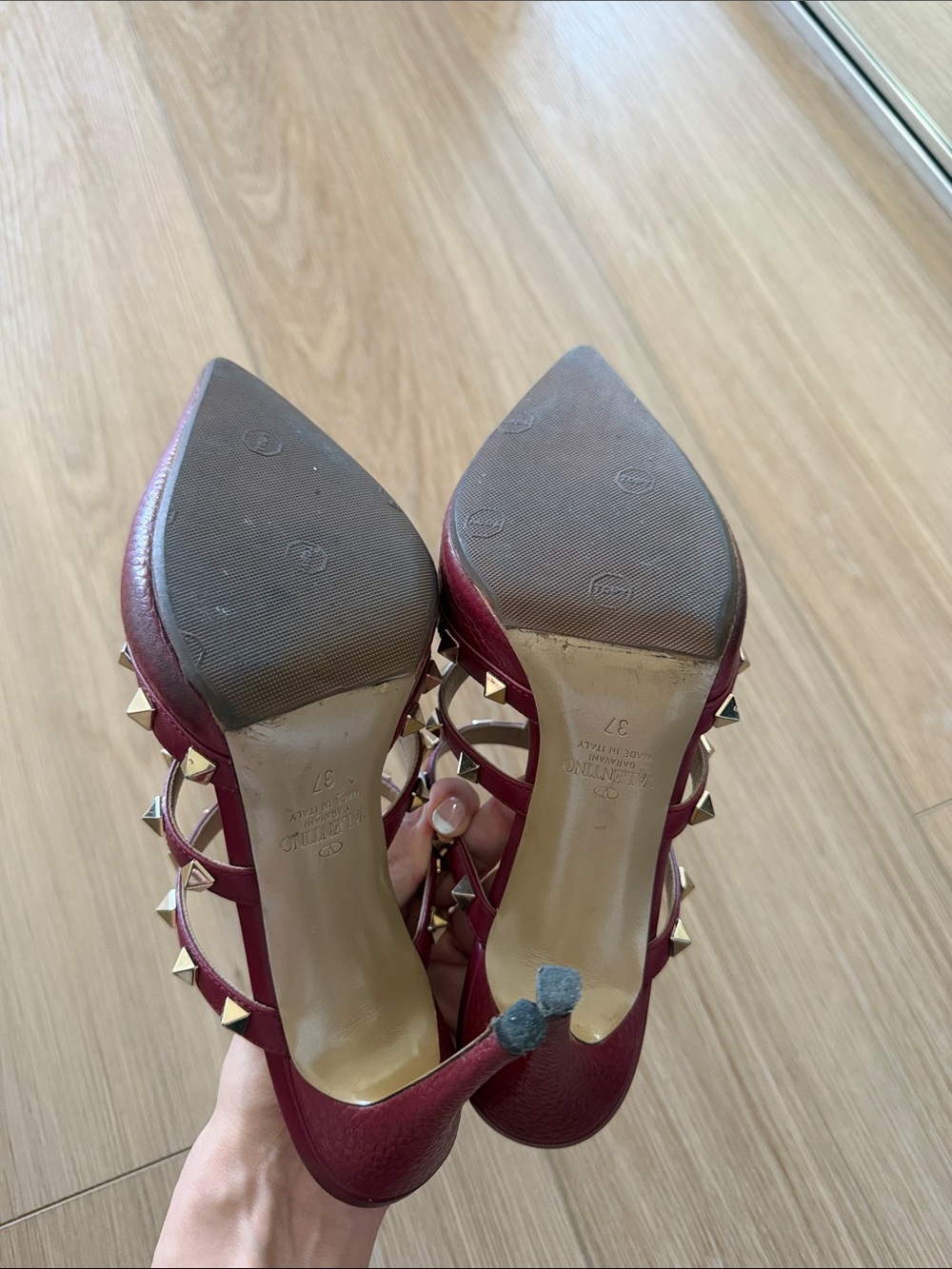 Valentino Berry Red Leather Pointed Rockstud Triple-Strap Mule Heels - Picture 4 of 8